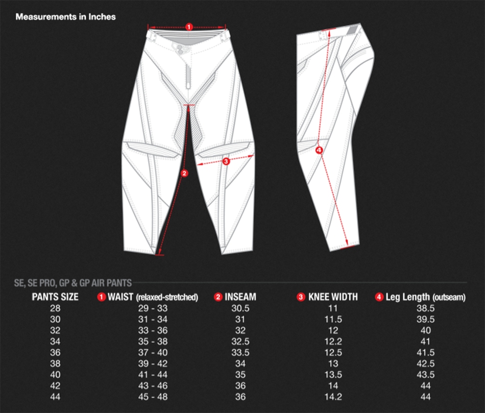 TLD Pant Size Chart